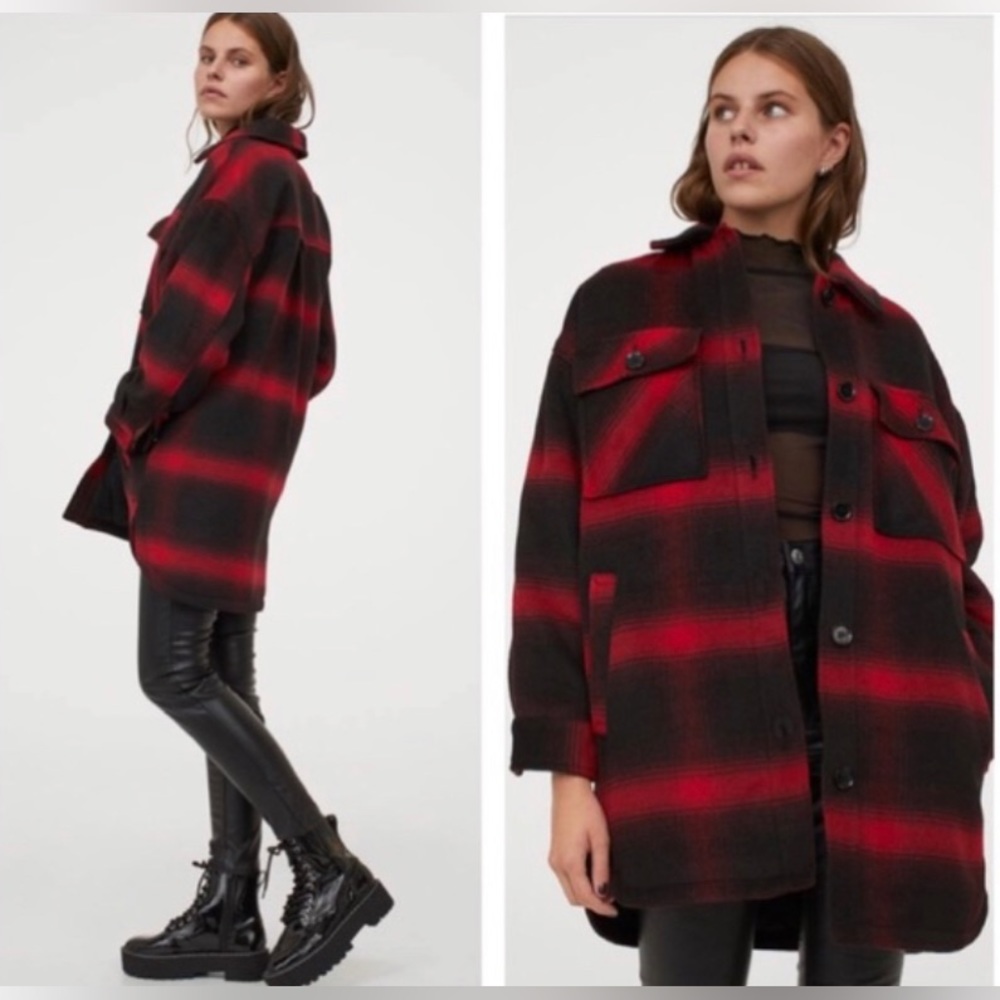 EUC H&M DIVIDED RED BLACK PLAID OVERSIZED SHACKET JACKET SZ XS FITS UP TO M